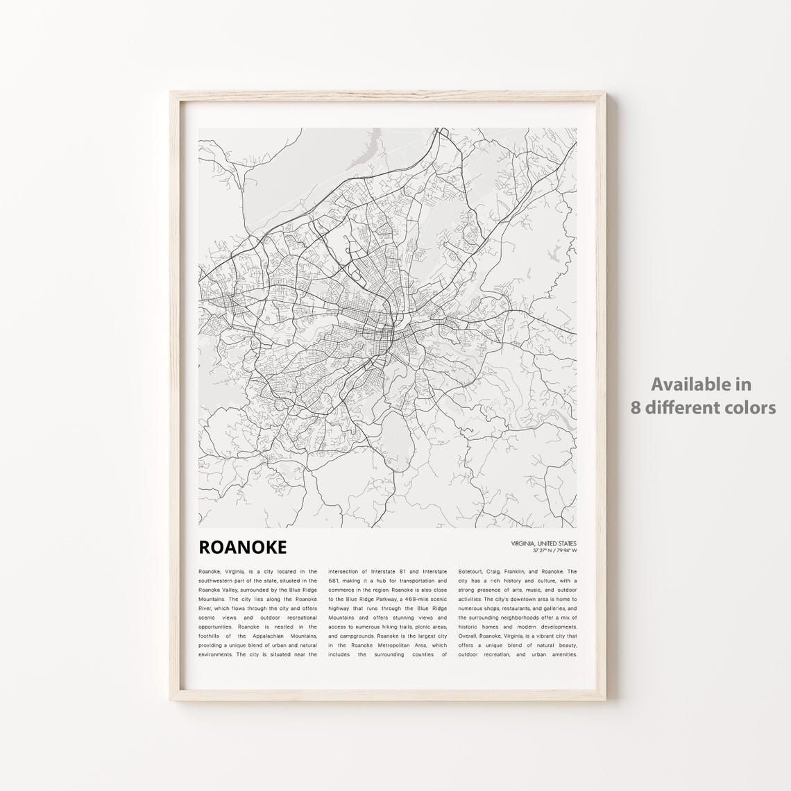 Roanoke Virginia Blue Ridge Mountains City Street Map Travel Poster