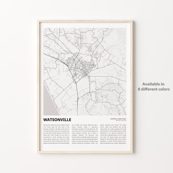 Watsonville California Minimalist Street Map Poster for Coast Lovers