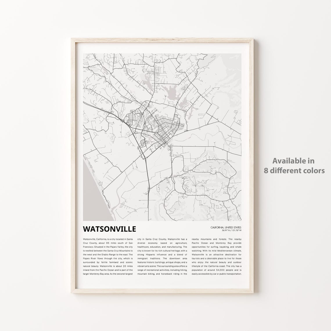Watsonville California Minimalist Street Map Poster for Coast Lovers