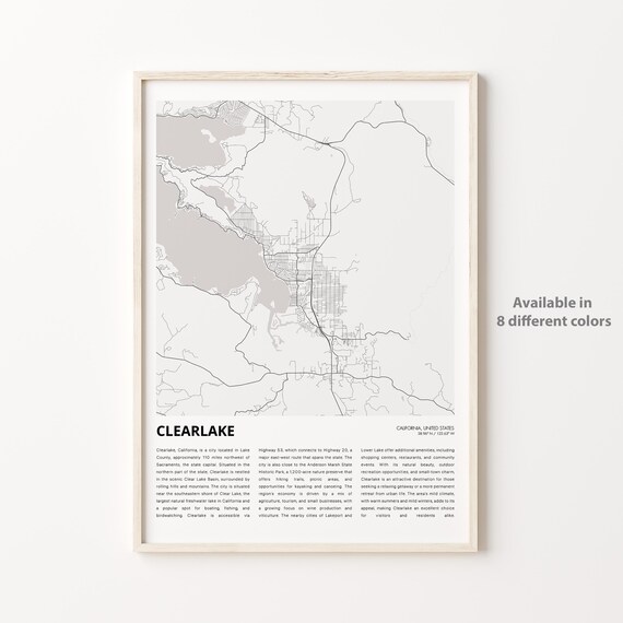 Clearlake California Minimalist City Street Map Travel Poster