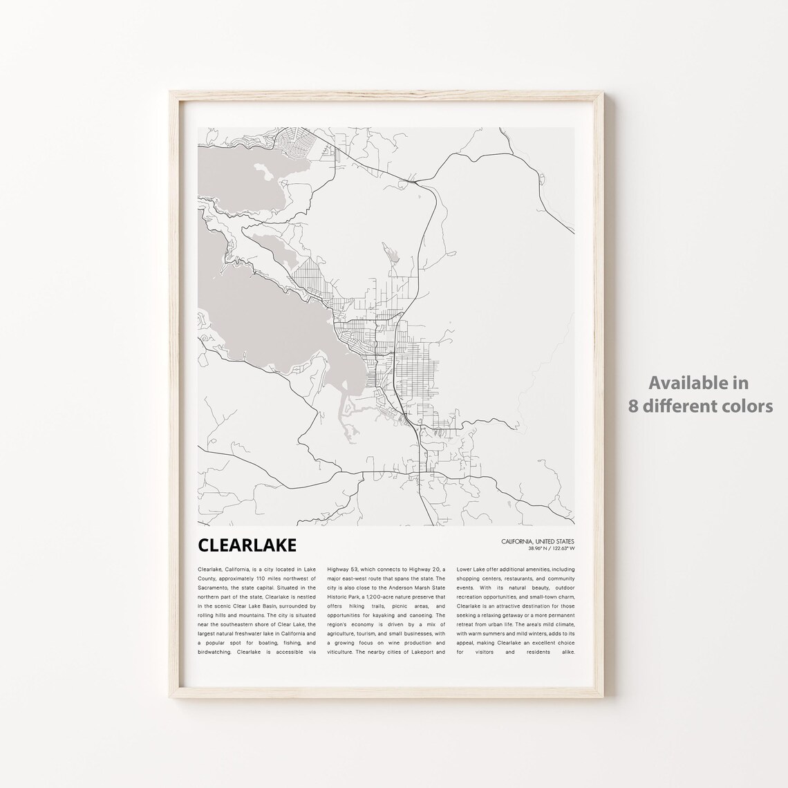 Clearlake California Minimalist City Street Map Travel Poster