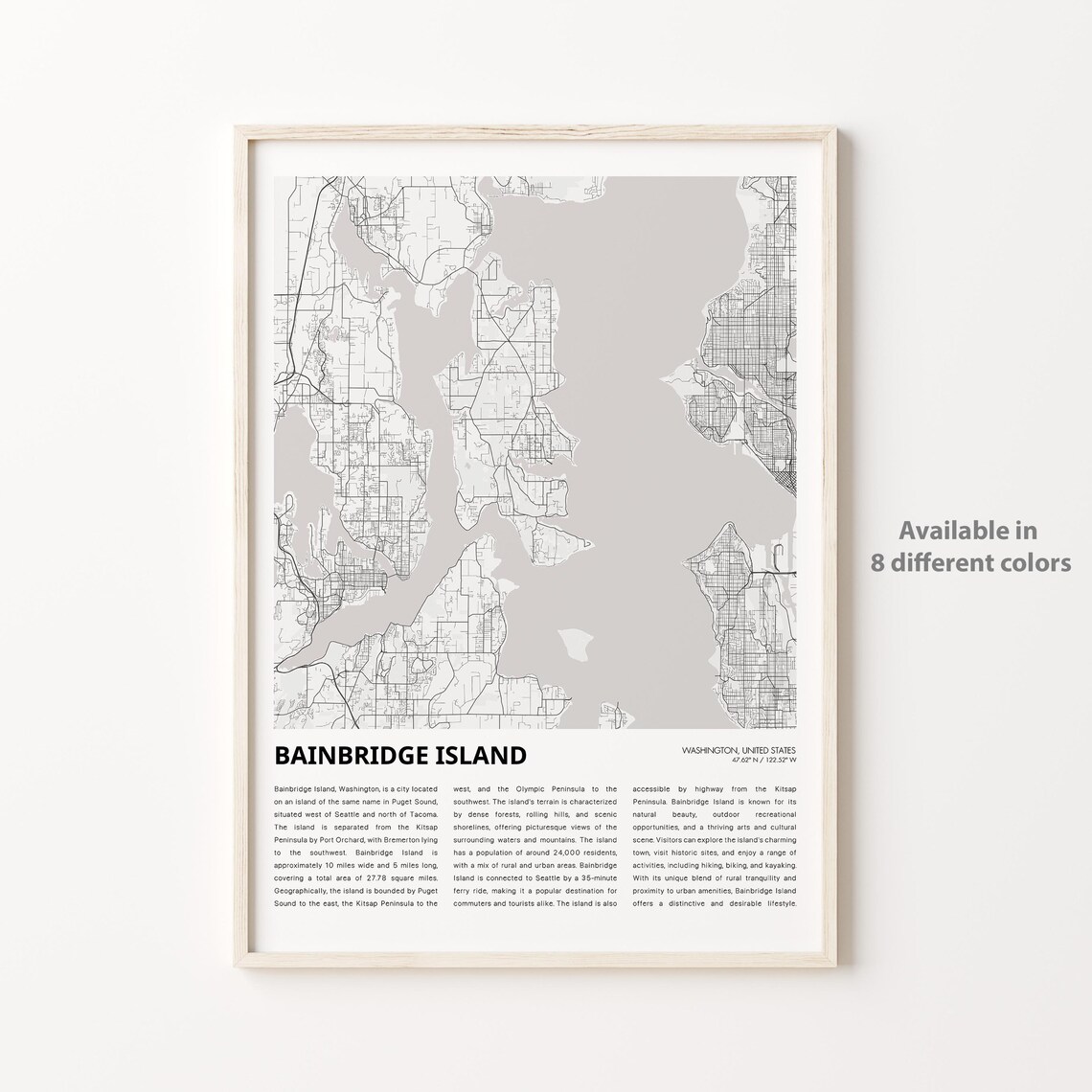 Bainbridge Island Washington Grey Street Map Minimalist Travel Poster
