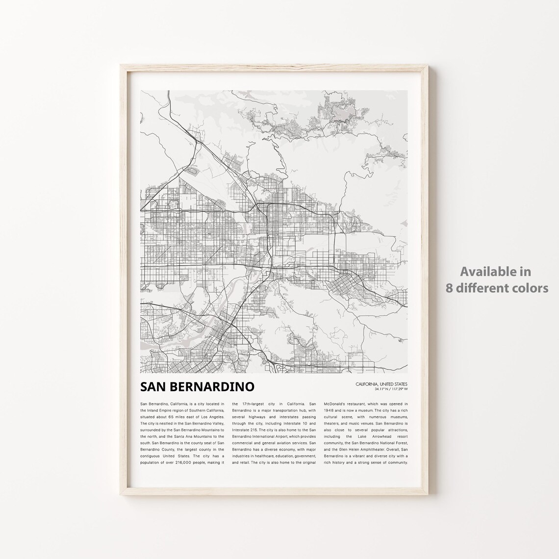San Bernardino California Minimalist City Map Monochrome Travel Poster