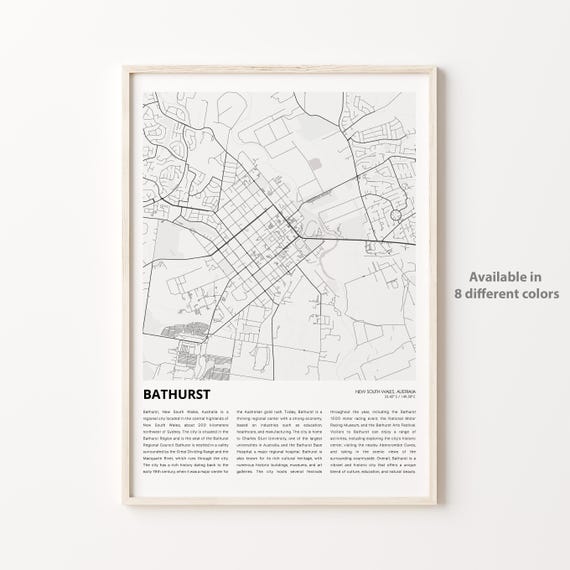 Bathurst Map Print Travel Wall Decor Art New South Wales Housewarming Gift Personalized Poster