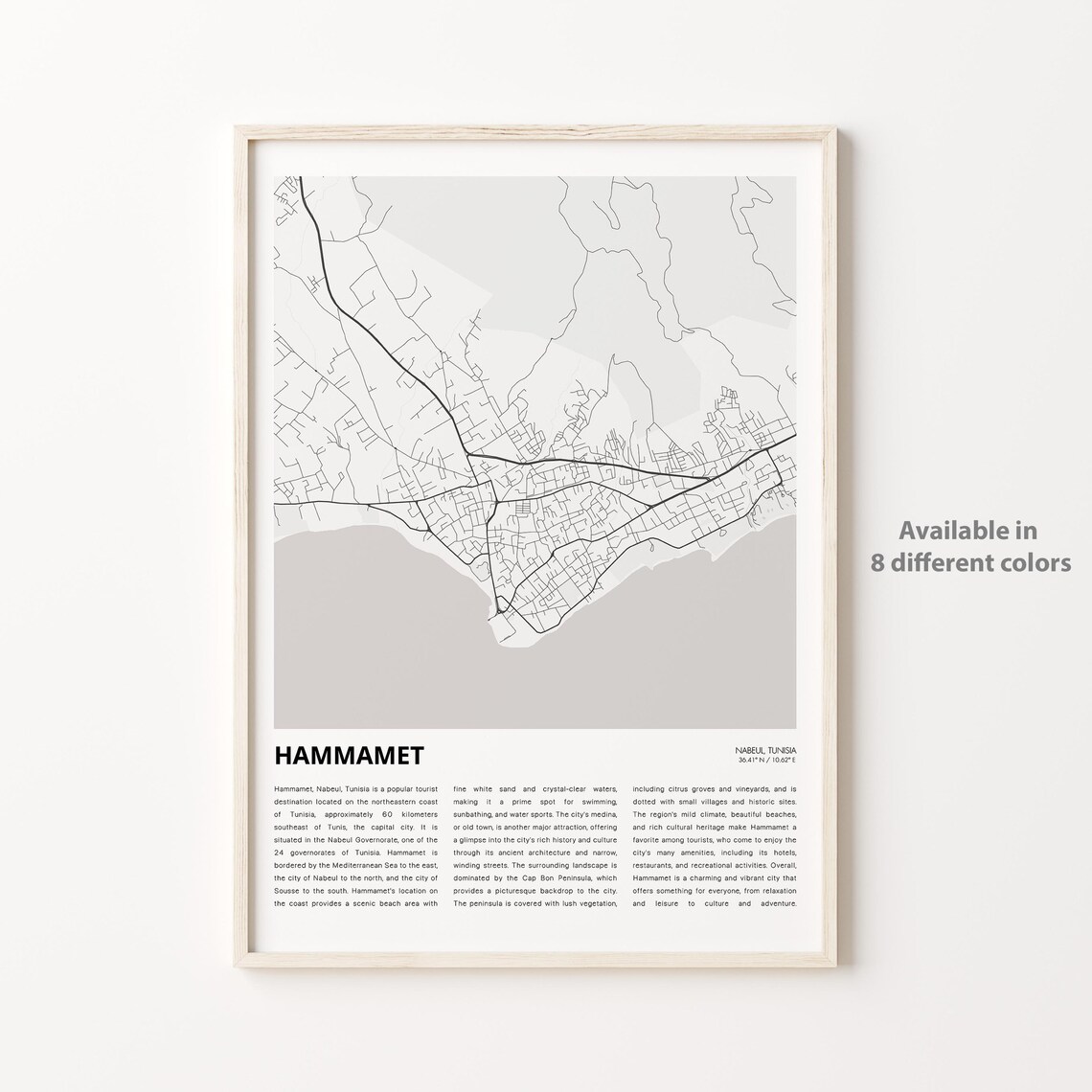 Hammamet Tunisia Minimalist City Street Map Travel Decor Poster