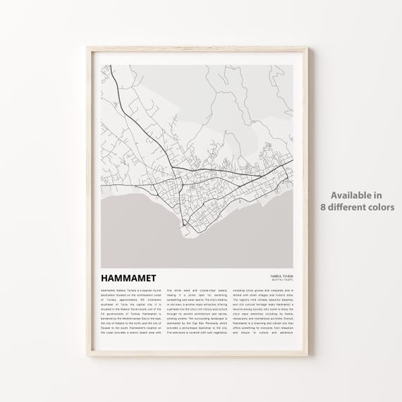 Hammamet Map Print Travel Wall Decor Art Nabeul Housewarming Gift