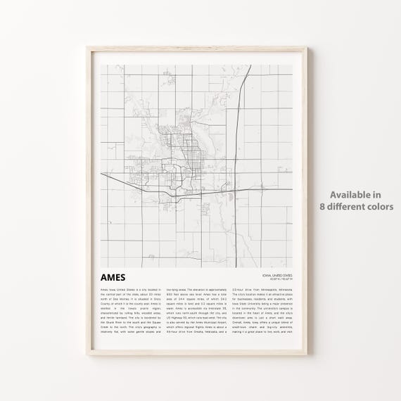 Ames Map Print Travel Wall Decor Art Iowa Housewarming Gift Personalized Poster