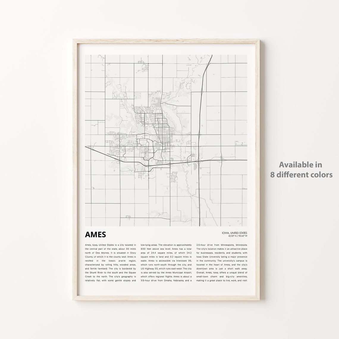 Ames Iowa Monochrome City Street Map Plan Midwest Wall Poster