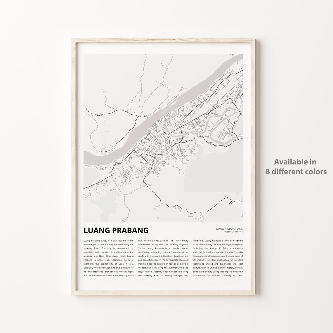 Minimalist Black and White Luang Prabang Laos City Map Wall Poster