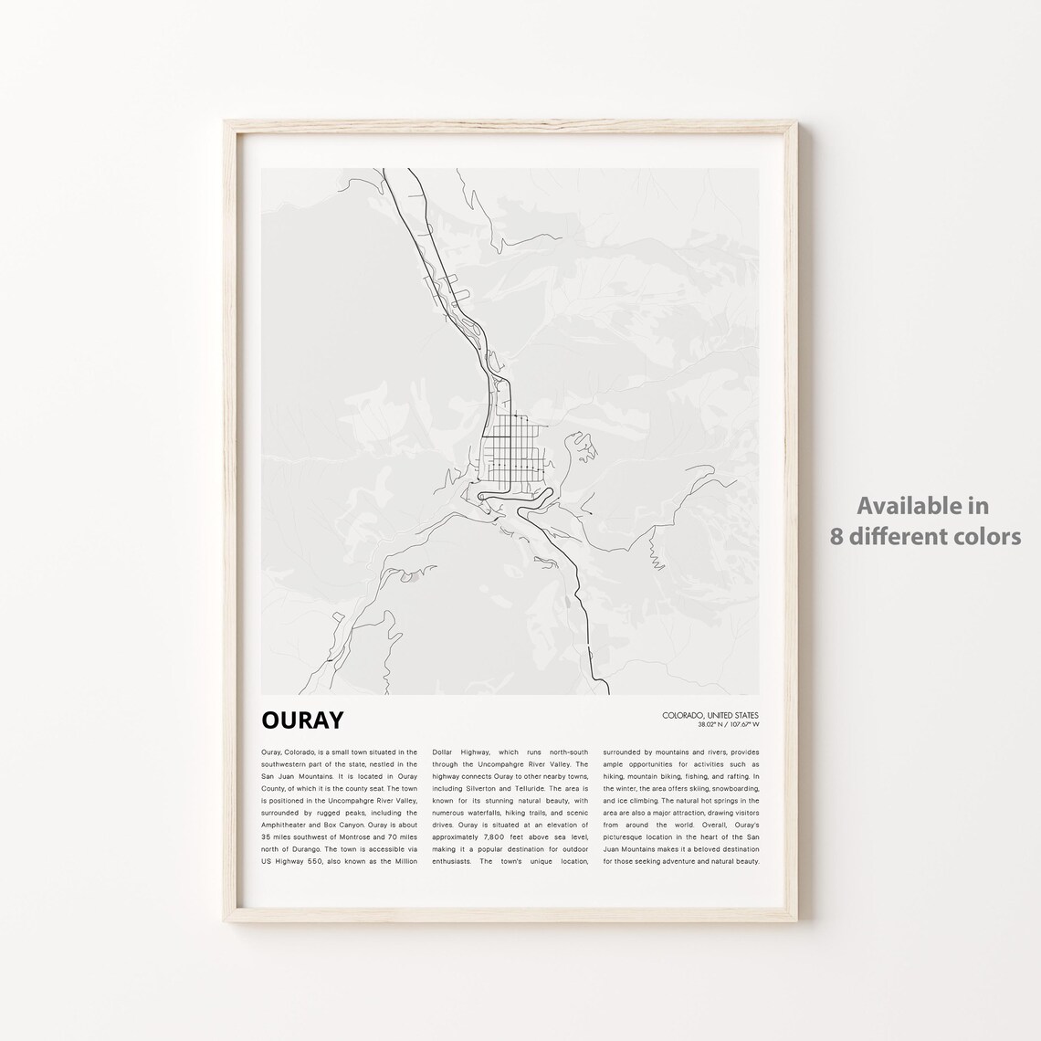 Ouray Colorado City Map Minimalist Black And White Travel Poster