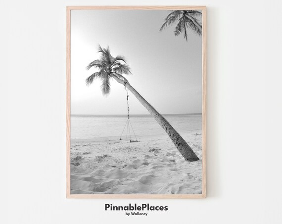 Leaning Palm Tree Rope Swing Over Beach Monochrome Photo Print