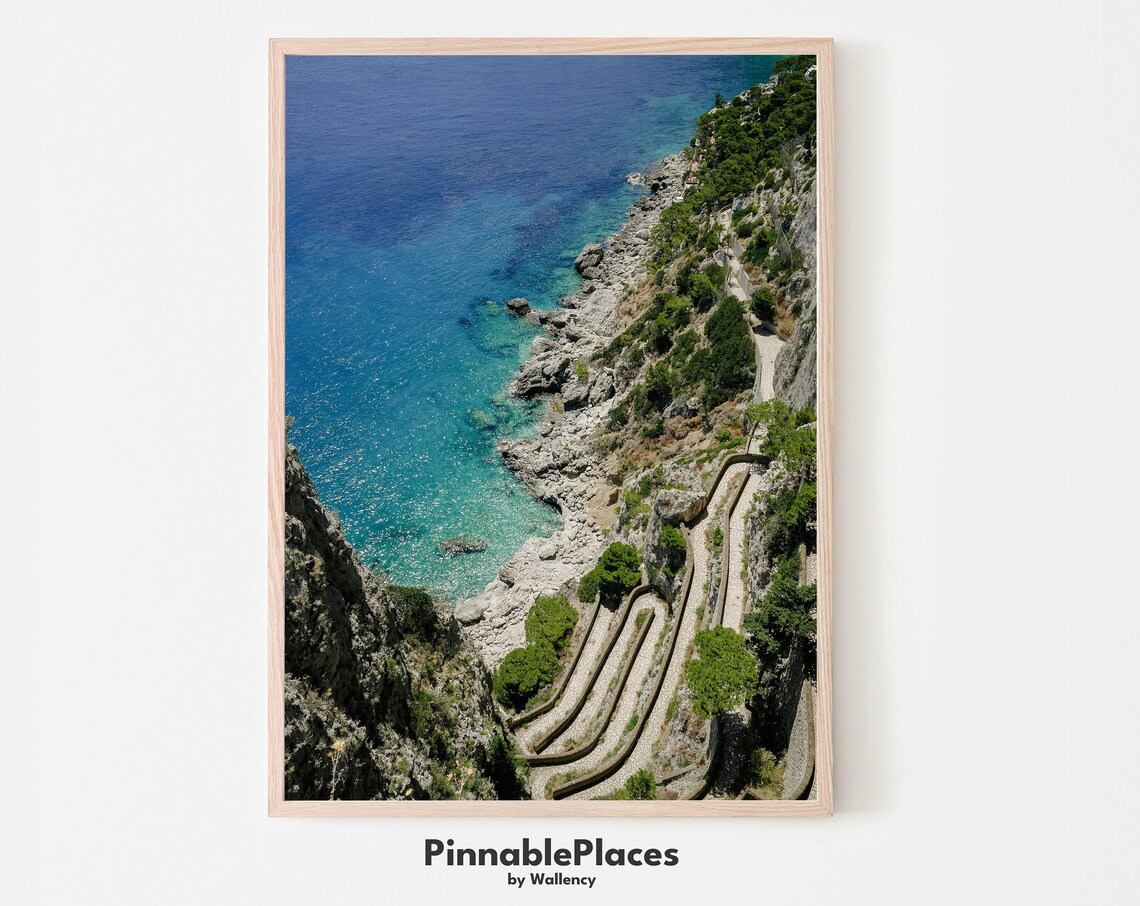 Capri Coast Italy Azure Waters Cliff Path Aerial Photo Art Poster