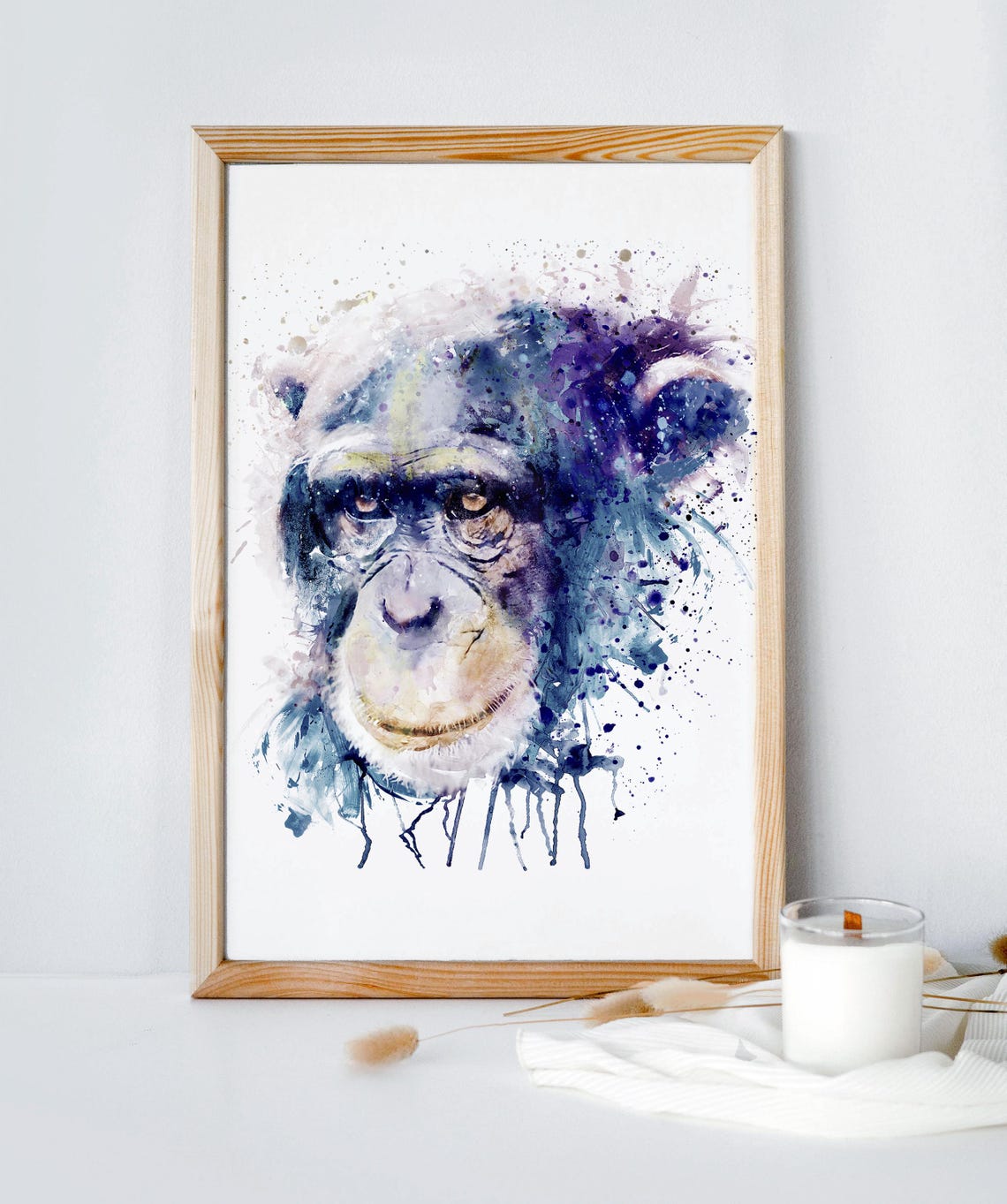 Chimpanzee Watercolor Portrait Blue Purple Ink Splash Art Print