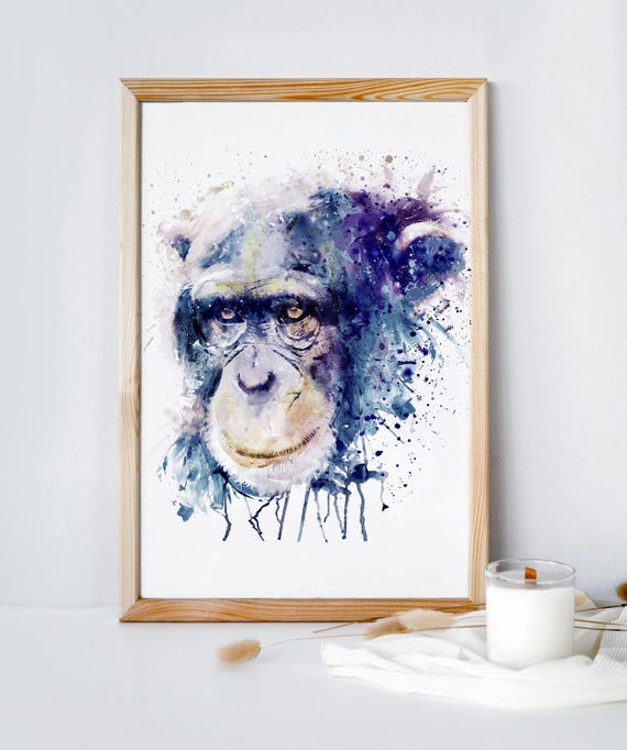 Colorful Chimpanzee Watercolor Art Print Jungle Animal Portrait Instant