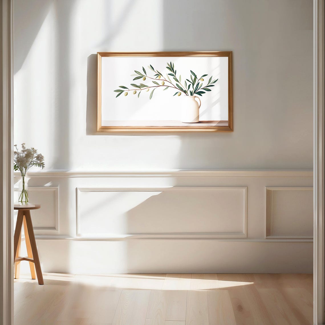Olive Branch Still Life White Pitcher Minimalist Frame TV Art Print - Image 2