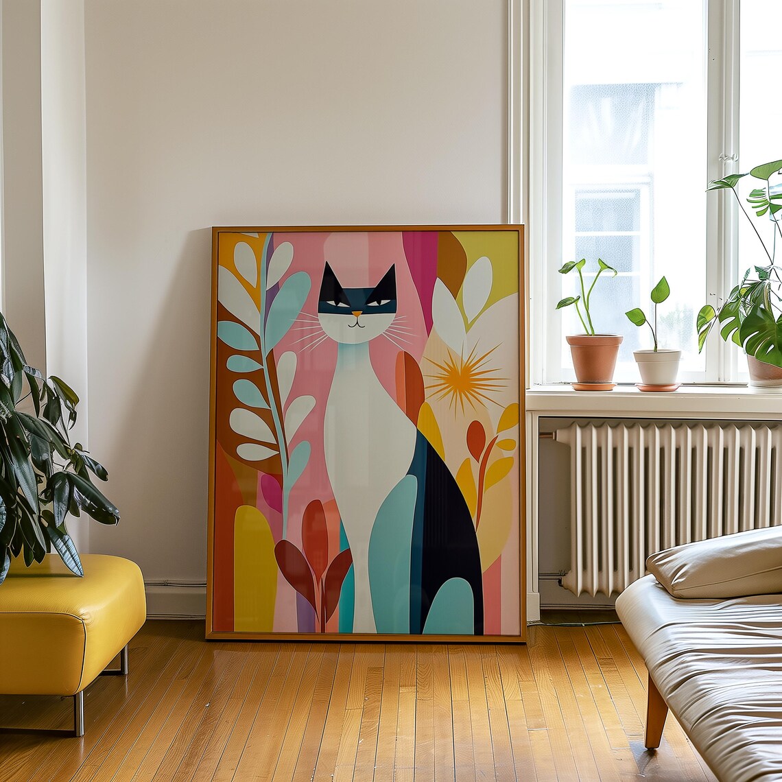Mid Century Modern Cat Tuxedo Kitty Colorful Foliage Fun Poster - Image 3