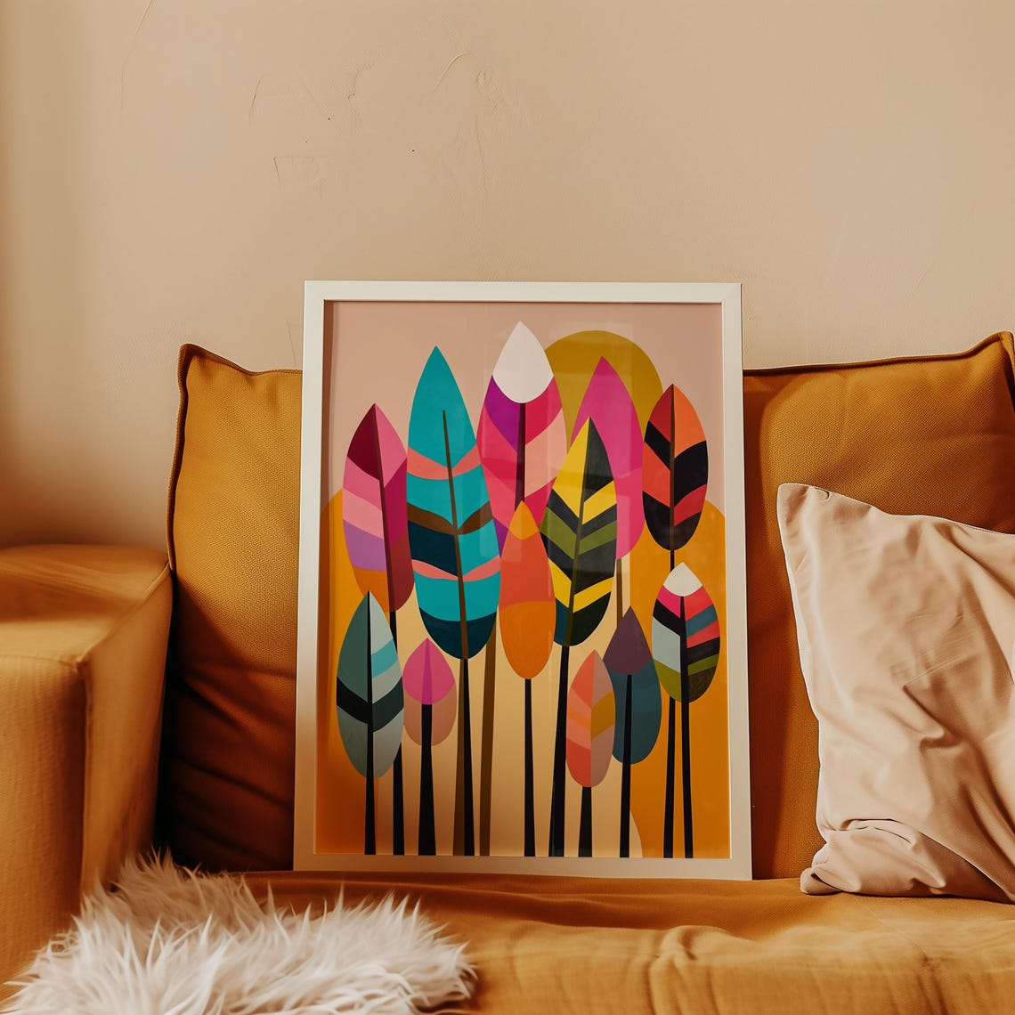 Geometric Feathers Warm Orange Abstract Colorful Boho Art Poster - Image 3