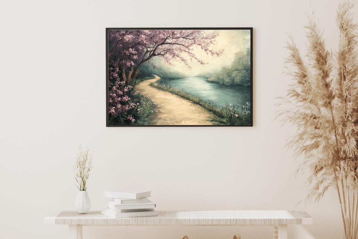 Cherry Blossom Tree Over River Path Misty Spring Landscape Poster - Image 5