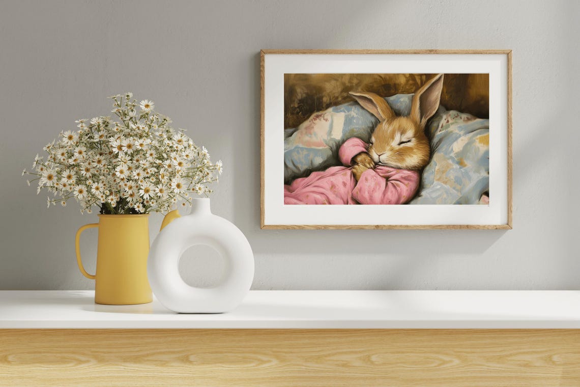 Sleeping Bunny In Pink Pajamas Cozy Vintage Nursery Wall Art Poster - Image 4