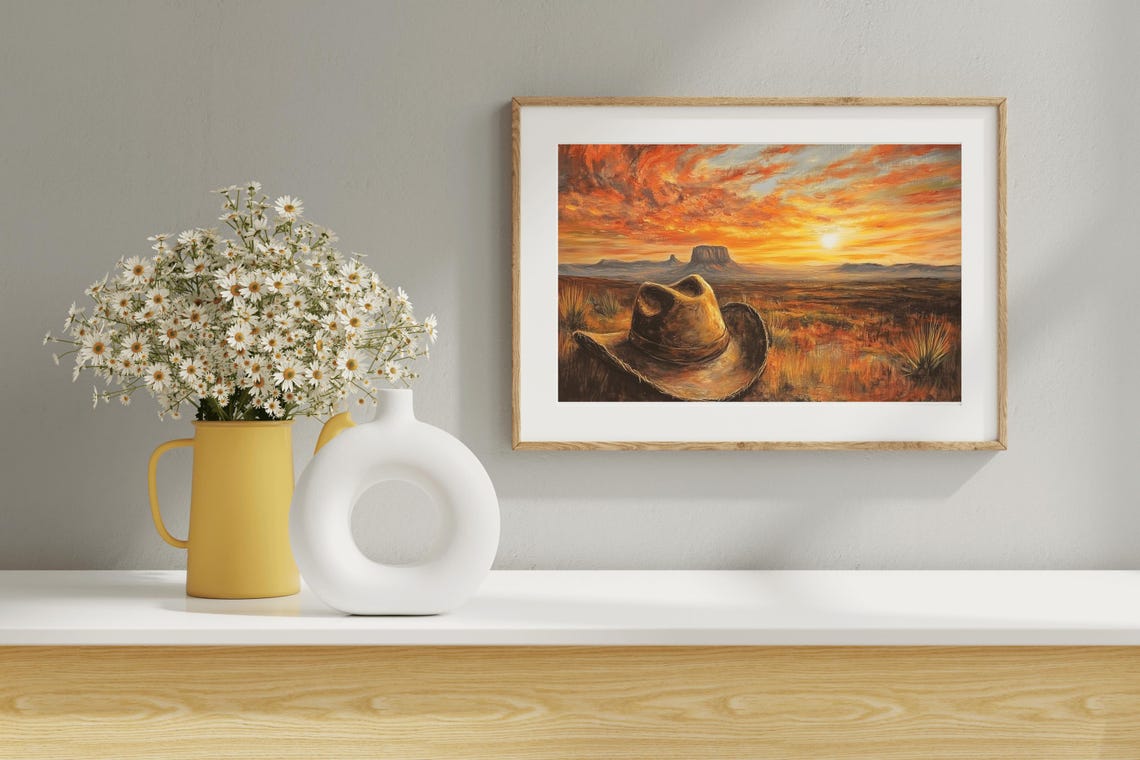 Cowboy Hat Desert Sunset Fiery Sky Western Mesa Landscape Painting - Image 5