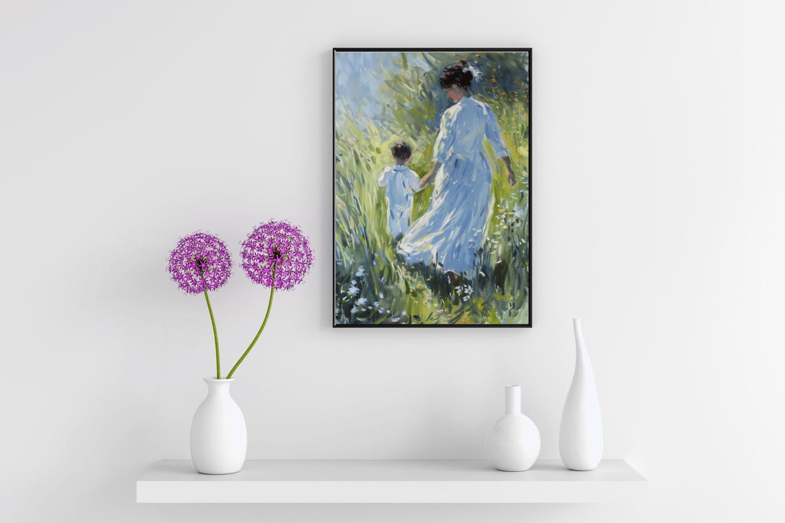 Mother And Child Strolling Through Sunny Meadow Vintage Art Poster - Image 3