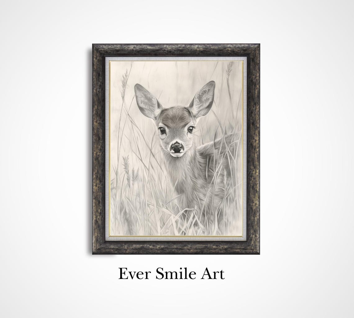 Baby Deer Fawn Pencil Sketch Vintage Forest Nursery Wall Art Poster