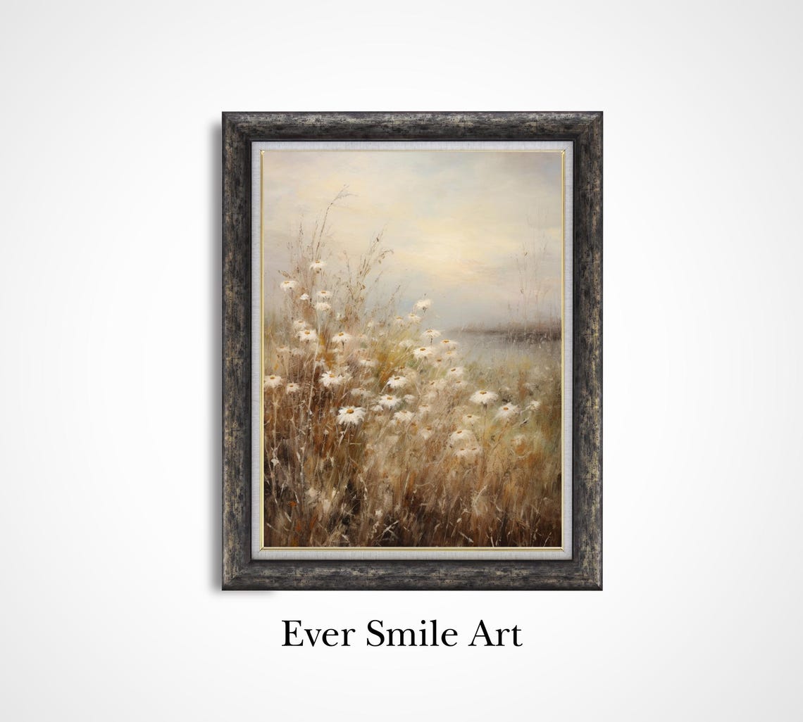 White Daisies Golden Grass Misty Shore Soft Neutral Floral Art Poster