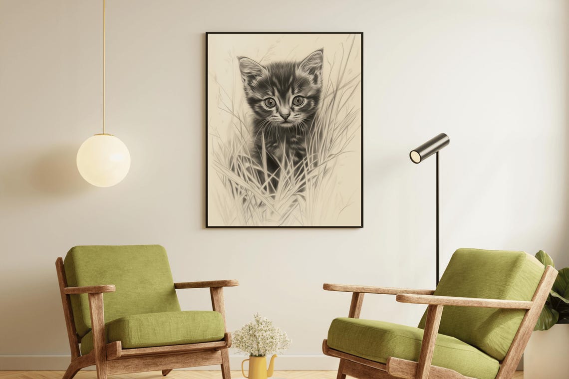 Tabby Kitten In Tall Grass Vintage Pencil Sketch Cat Wall Art Poster - Image 2