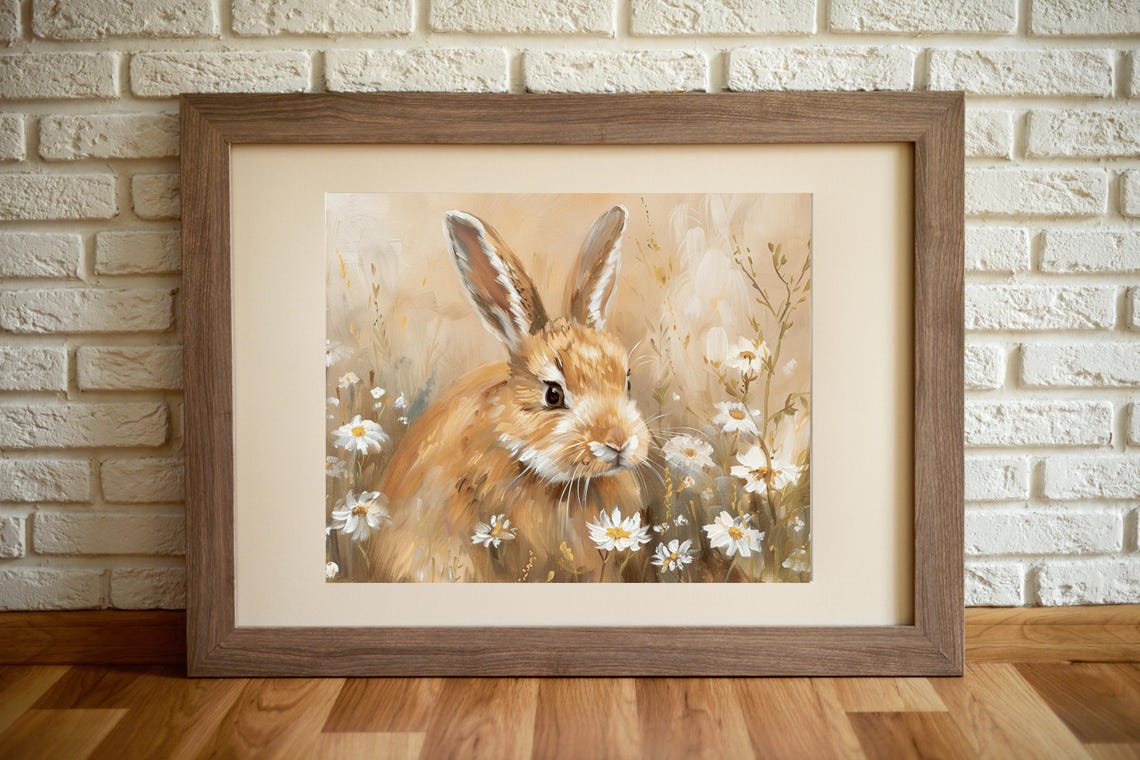Brown Bunny In Daisy Field Soft Vintage Wildflower Rabbit Art Poster - Image 2