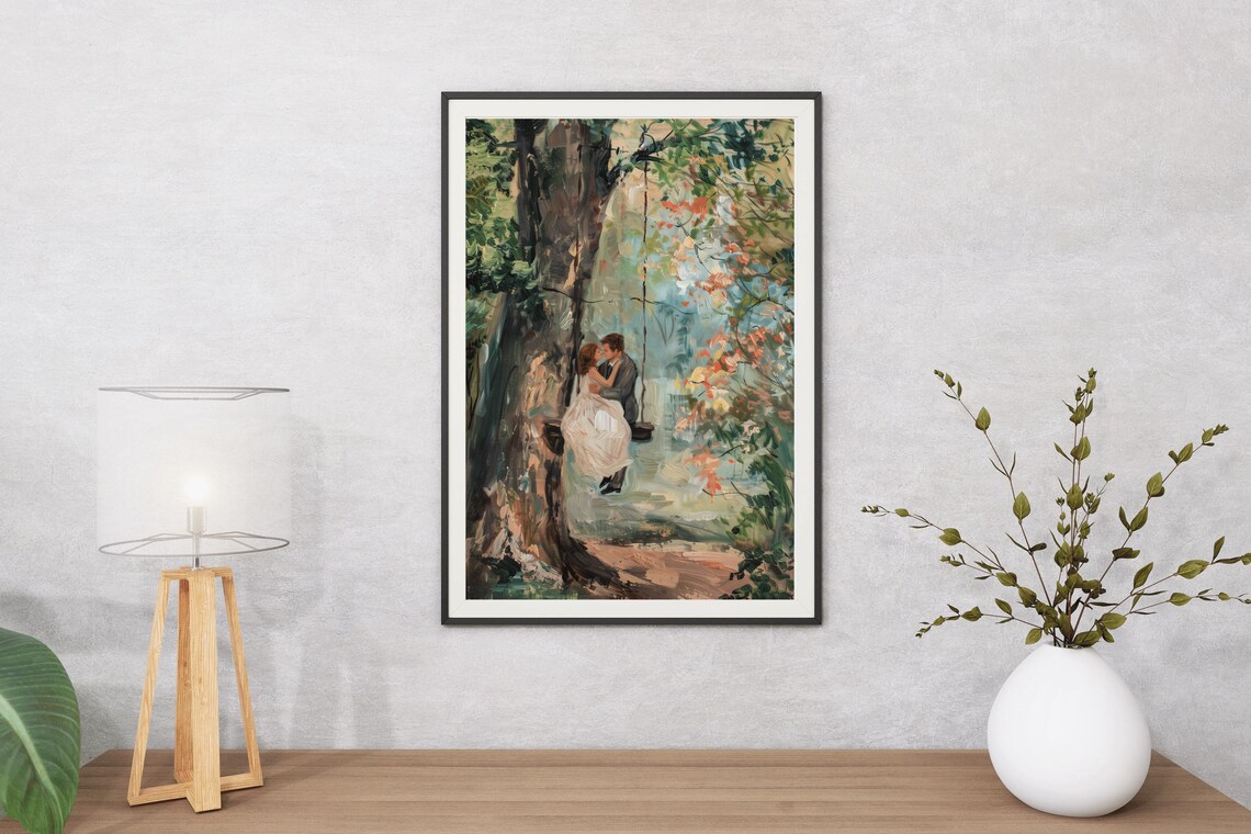 Couple Kissing On Tree Swing Romantic Vintage Wedding Art Poster - Image 5