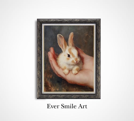Cute Rabbit Bunny In Hands Vintage Oil Painting Style Instant Whimsical Artwork For Nursery Decor Easter Decor