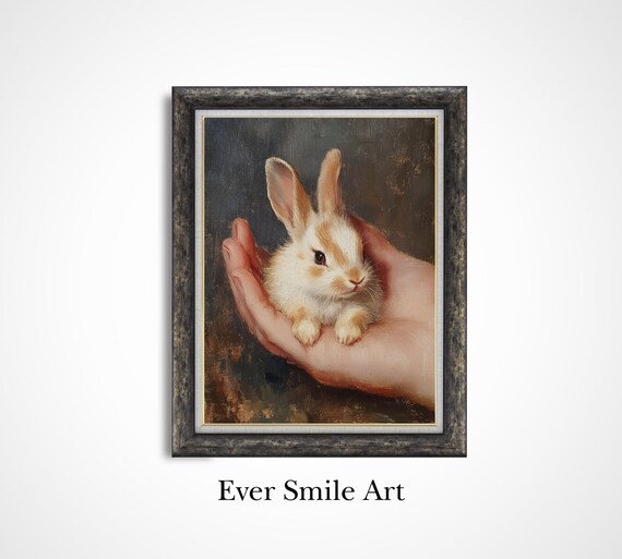 Tiny Bunny In Cupped Hands Vintage Oil Painting Nursery Wall Art