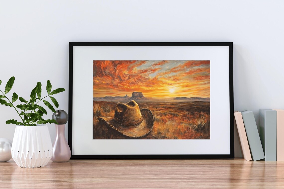 Cowboy Hat Desert Sunset Fiery Sky Western Mesa Landscape Painting - Image 2
