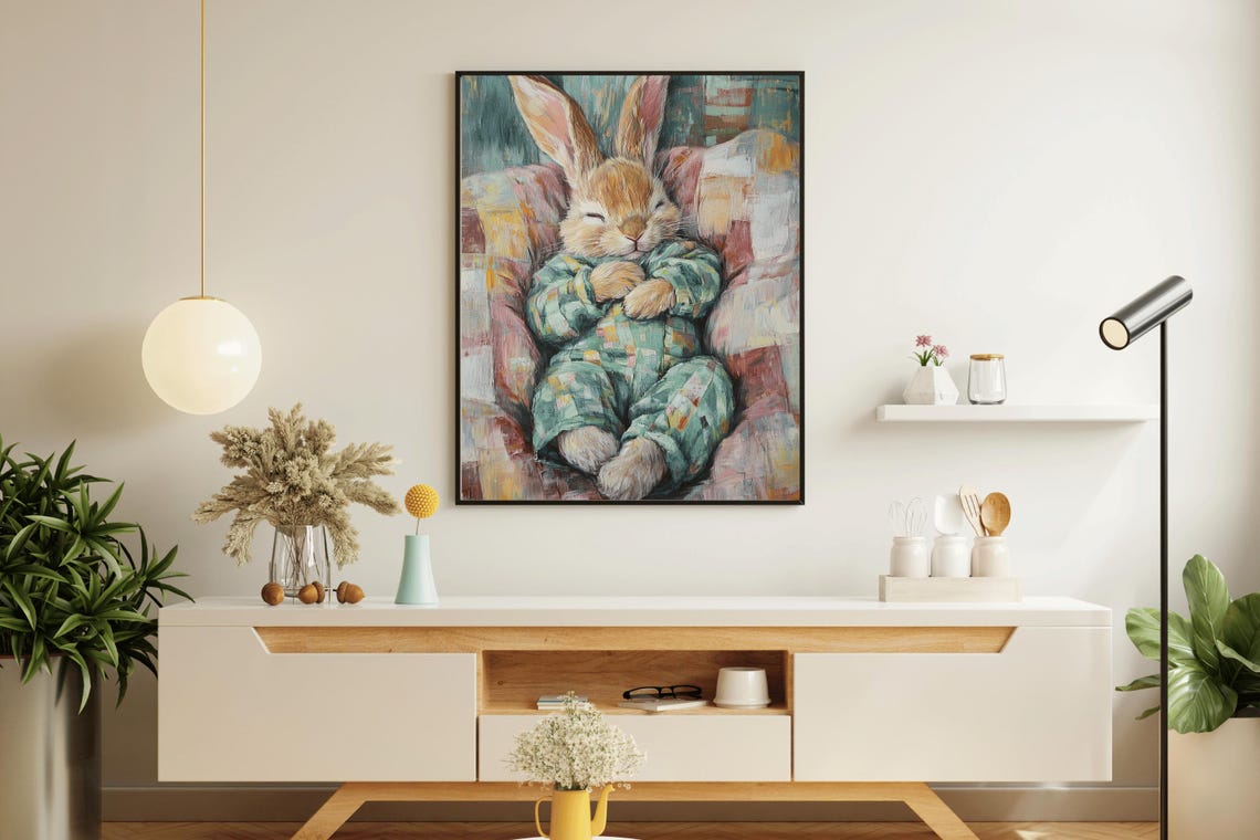 Bunny In Green Plaid Pajamas On Patchwork Quilt Vintage Art Poster - Image 5