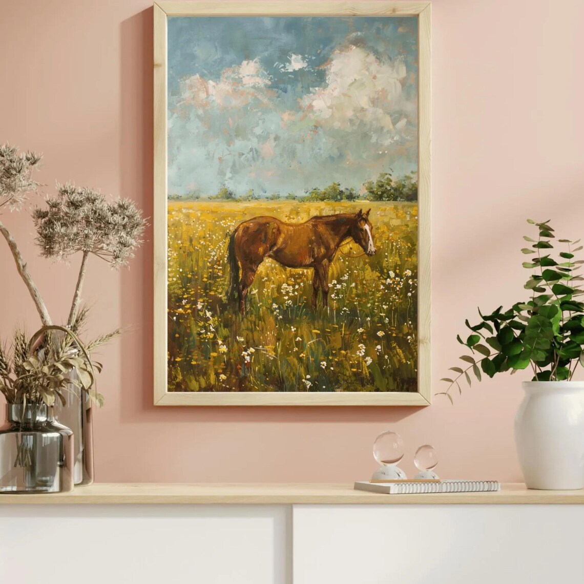 Chestnut Horse Wildflower Field Summer Day Vintage Oil Painting Print - Image 3
