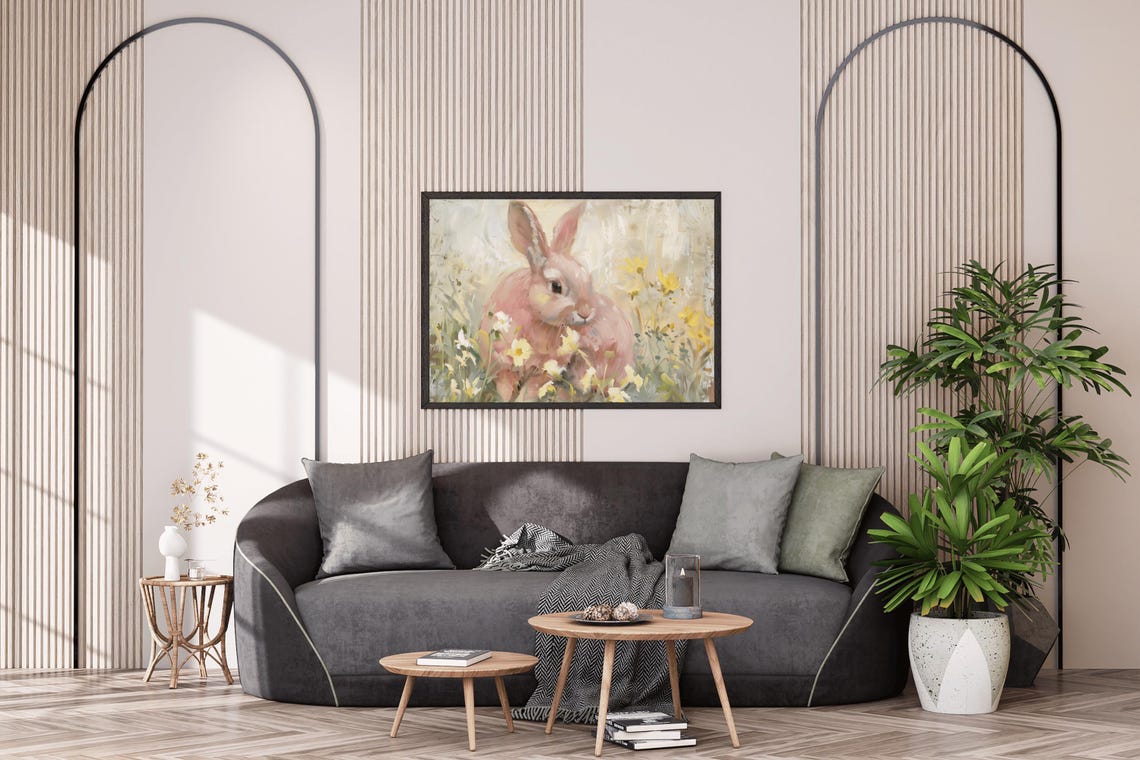 Pink Bunny In Wildflower Meadow Soft Vintage Easter Rabbit Art Poster - Image 2