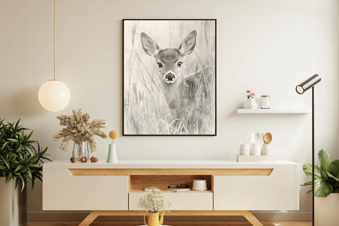Baby Deer Fawn Pencil Sketch Vintage Forest Nursery Wall Art Poster - Image 5