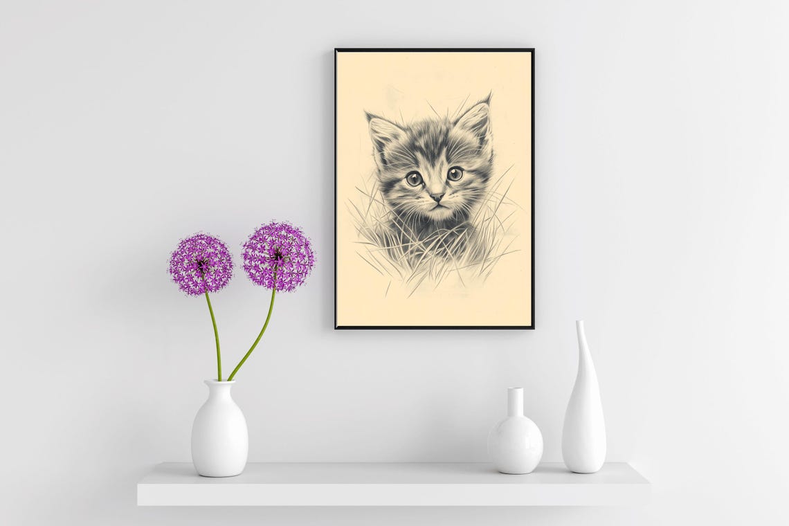 Cute Kitten Pencil Sketch Vintage Cat Drawing Nursery Wall Art Poster - Image 4