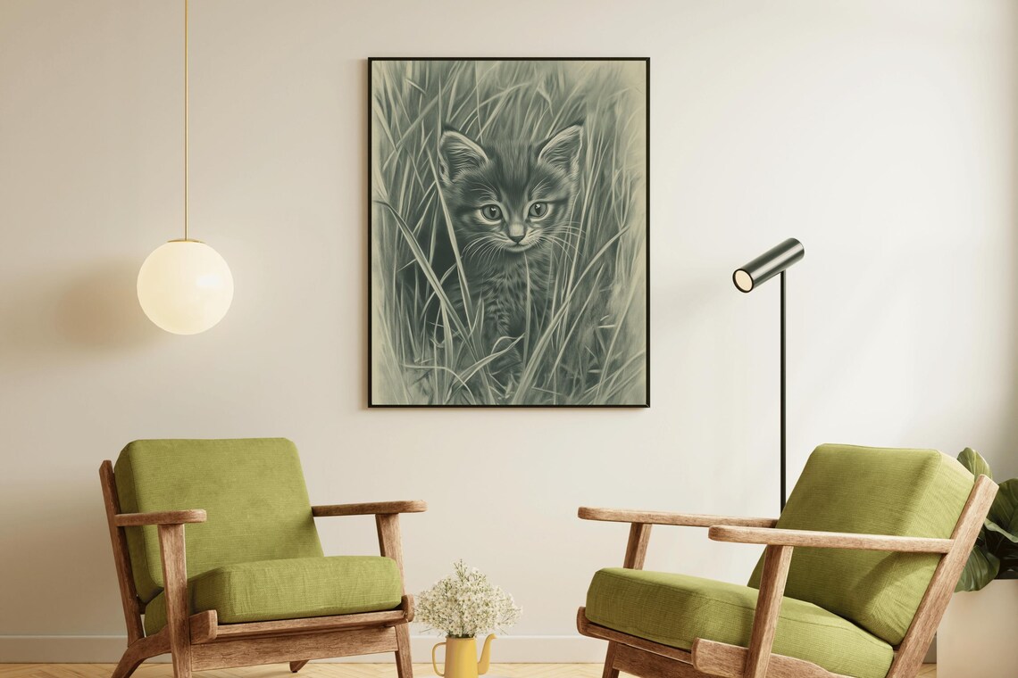 Kitten Hiding In Tall Grass Vintage Green Nursery Cat Sketch Art Poster - Image 2