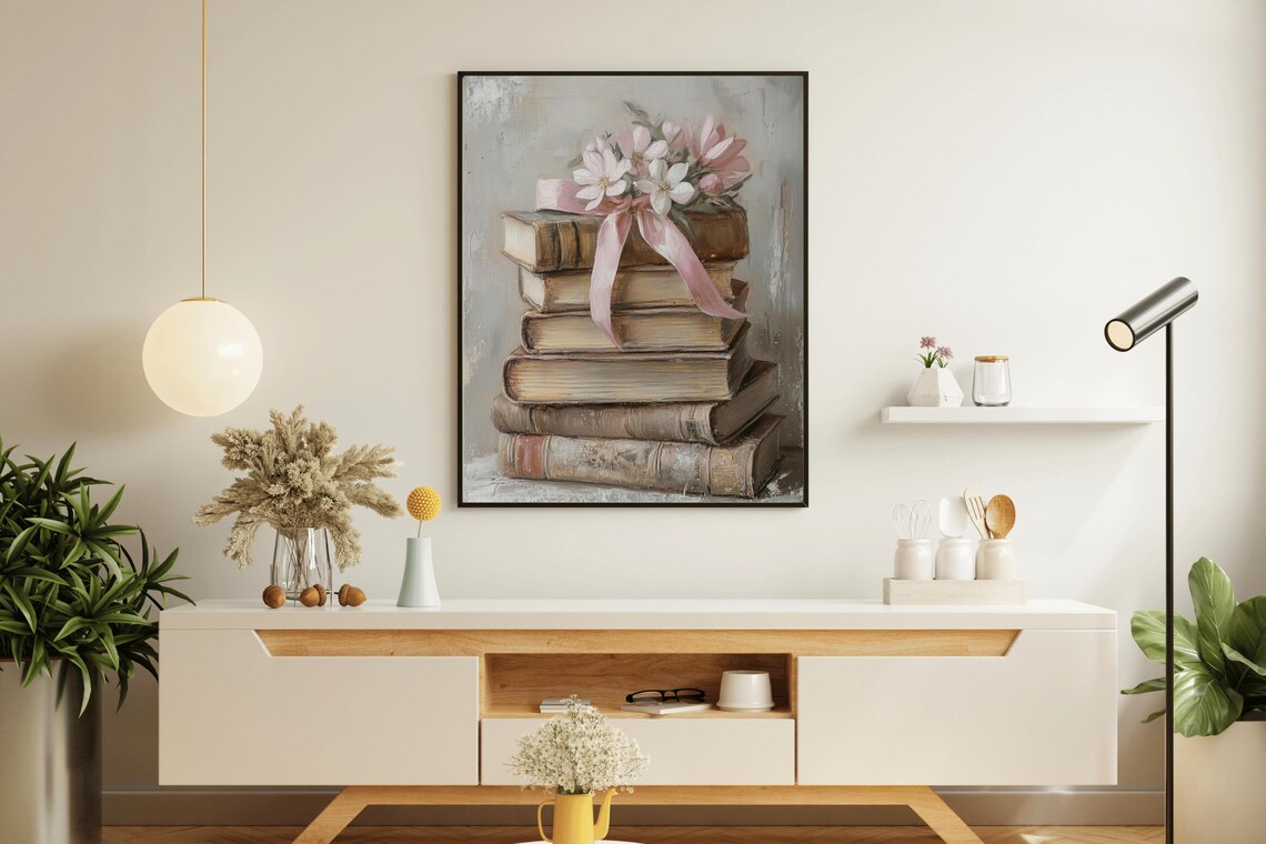 Stack Of Vintage Books With Pink Ribbon Floral Oil Painting Poster - Image 5