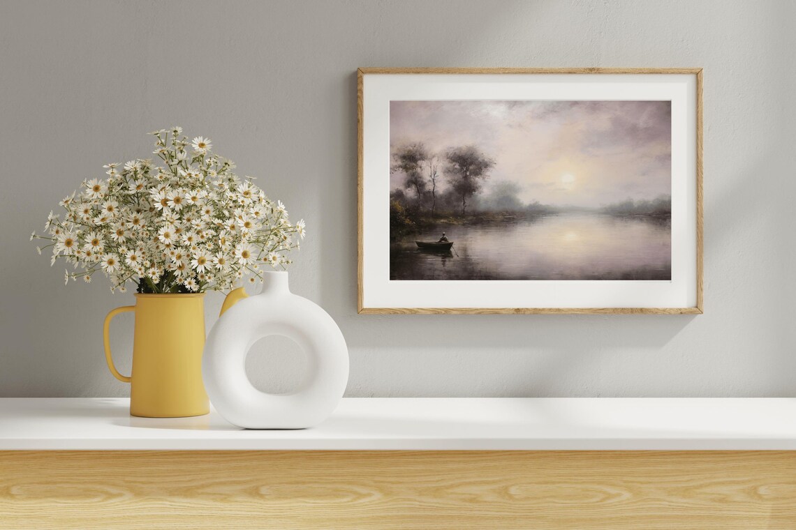 Lone Rower Misty River Dusk Vintage Oil Painting Boat Wall Art - Image 5
