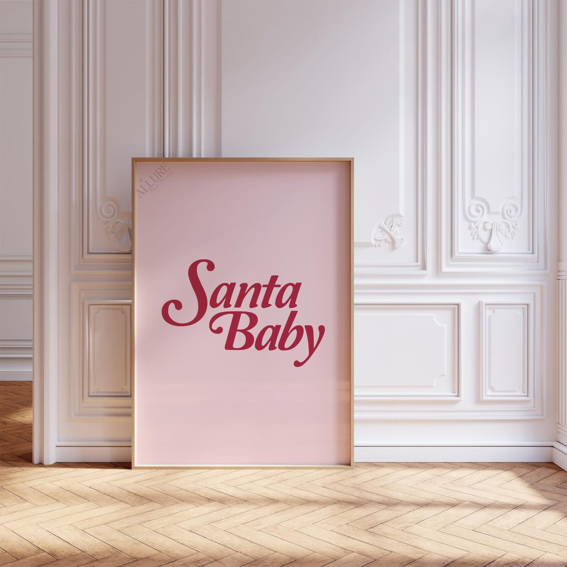 Santa Baby Red Retro Script Pink Christmas Typography Poster - Image 3