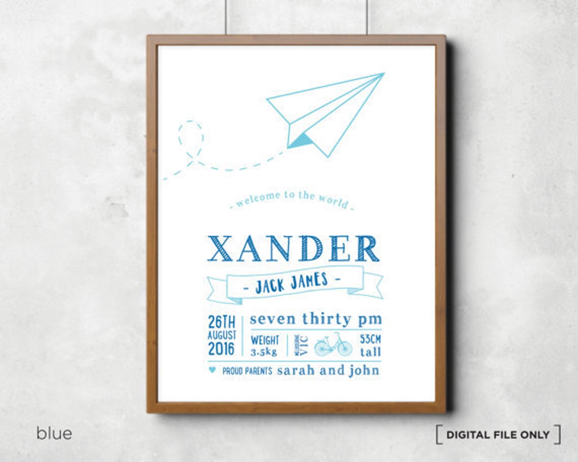 Paper Airplane Birth Stats Blue Personalized Nursery Baby Poster - Image 2