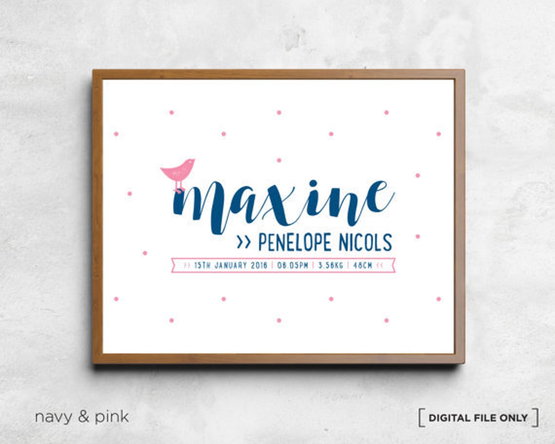 Navy Pink Polka Dot Birth Stats Personalized Baby Name Poster