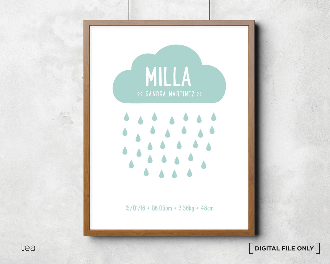 Yellow Rain Cloud Birth Stats Personalized Nursery Decor Wall Art - Image 3