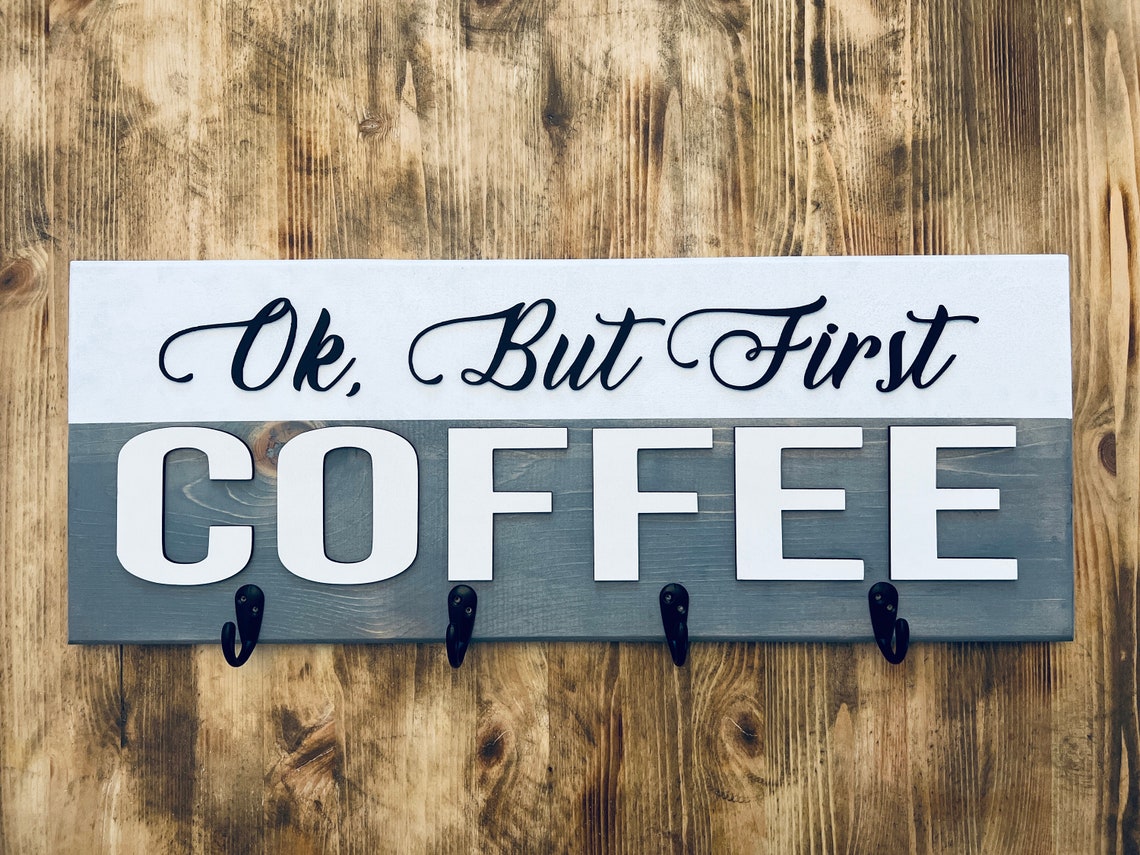 Coffee Mug Rack With Hooks Kitchen Wood Sign Coffee Bar Wall Art - Image 3