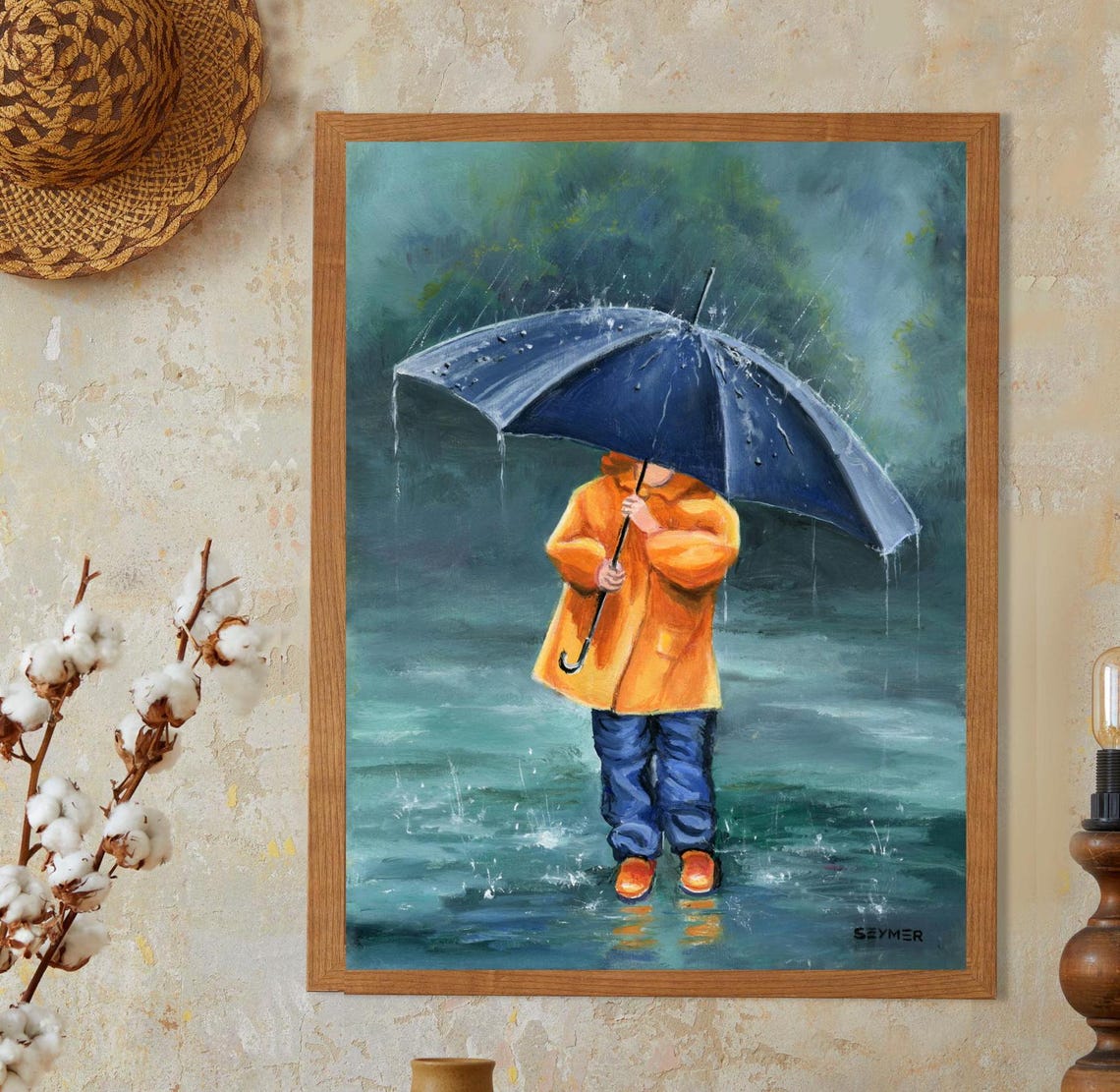 Print Little Girl Art Yellow Raincoat Artwork Baby Girl Painting Print Winter Rain Art Wet Umbrella Painting Children Room Nursery Decor