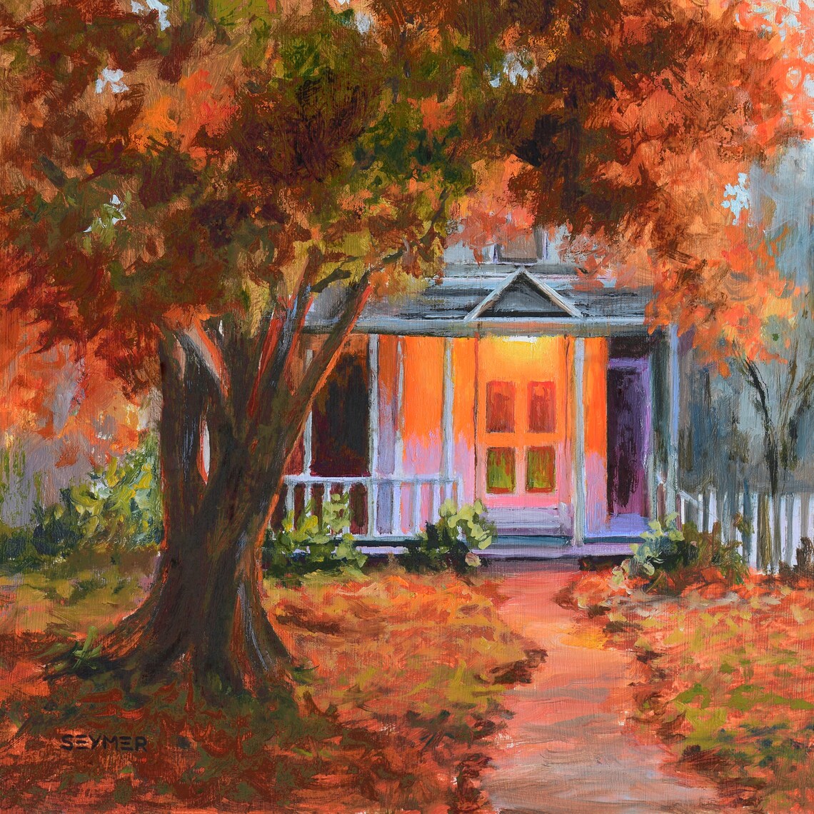 Cozy Little Autumn Cottage Glowing Warmly at Dusk Among Trees Poster - Image 5