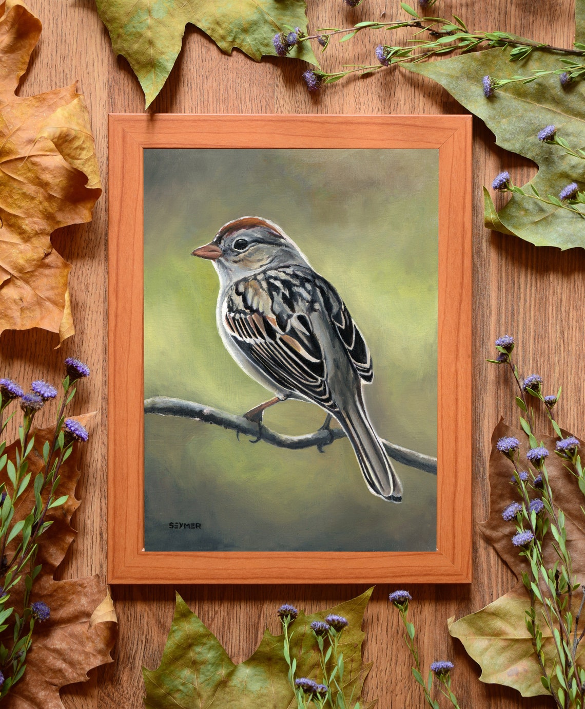 Vintage Bird Original Painting Framed Birds Oil Painting Sparrow Classic Art Oil Bird On Branch Wildlife Nature Artwork Cottage Wall Art - Image 4