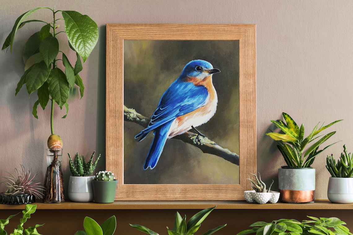 Eastern Bluebird Resting on a Branch Oil Painting Bird Poster - Image 4